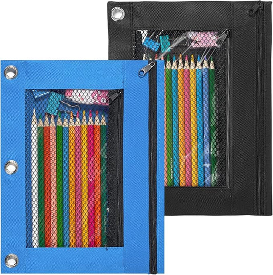 Sooez Pencil Pouch for 3 Ring Binder, 2 Pack Fabric Binder Pouch with 2 Pockets, Pencil Bags with Zipper and Reinforced Grommets, Pencil Cases for Binder
