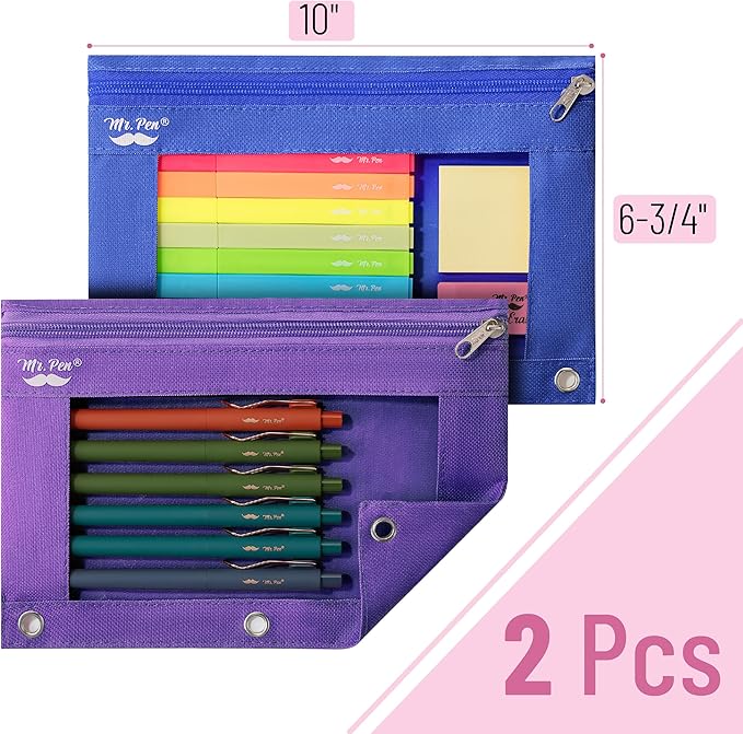 Mr. Pen- Pencil Pouch for 3 Ring Binder, 2 Pack, Blue and Purple, 3 Ring Binder Pencil Pouch
