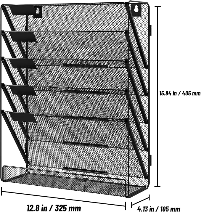 6 Tier File Wall Mounted Magazine Rack with Tray Mesh A4 Paper Organiser Mail Holder Storage No-Side, Black