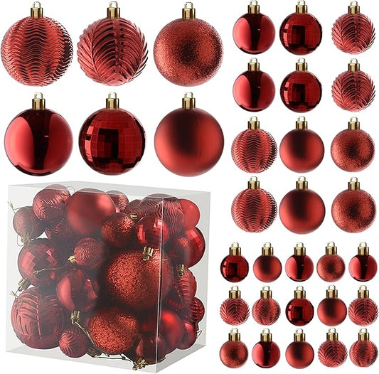 Prextex 36-Pieces Red Christmas Ornaments Set - Shatterproof, Festive Christmas Balls Decorations in 3 Sizes and 6 Styles with Hanging Loops for Tree, Wreath, and Dazzling Holiday Party Decor