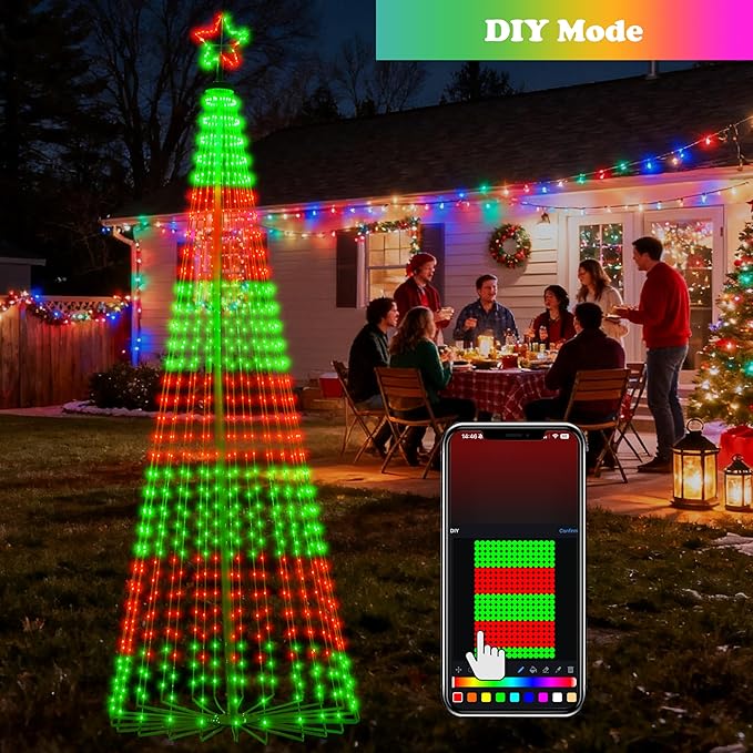12FT Lighted Outdoor Christmas Tree, 832 LED Smart Cone Tree, Music Sync RGB Fairy Lights, LED Light Show, APP and Remote Control, Timer Function, Perfect for Outdoor Christmas Decorations