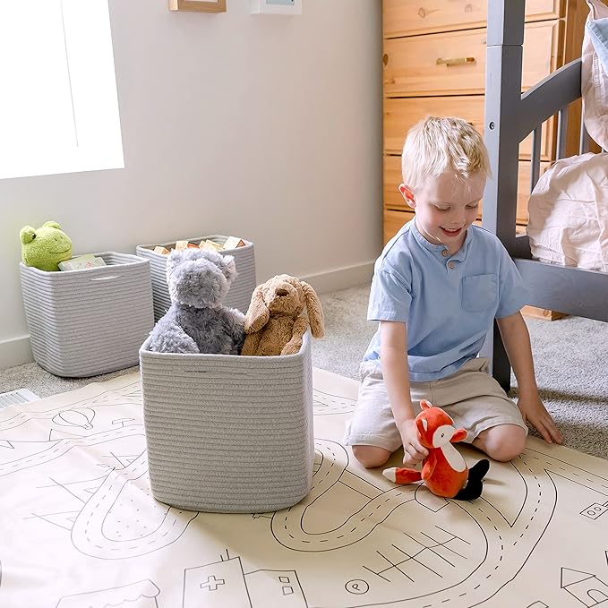 NaturalCozy Storage Cubes 11 Inch Cotton Rope Woven Baskets for Organizing, 3-Pack | Cube Storage Bin | Square Storage Baskets for Shelves Organizer, Classroom, Kids Toy Bins, Closet, Baby Nursery