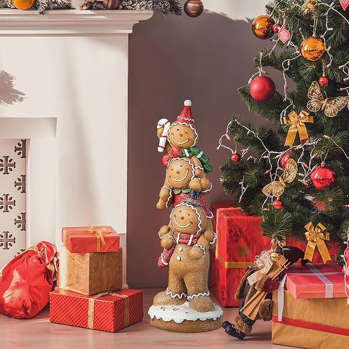 Glitzhome 29.25"H Christmas MGO Stacked Gingerbread Man Porch Decor, Xmas Winter Patio Front Porch Indoor Outdoor Home Standing Decor