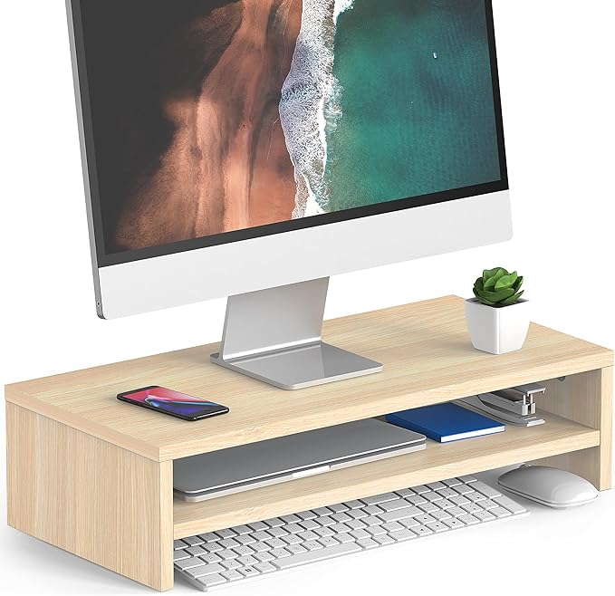 FITUEYES Monitor Stand - 2 Tier Computer Monitor Riser with 21.3 Inch Shelf, Wood Desktop Stand for Laptop Computer Screen, Desk Organization, Office Supplies