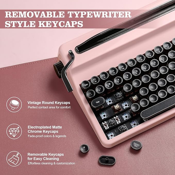 YUNZII QL75 Wireless Typewriter Hot Swap Retro Mechanical Keyboard,Punk Round Keycaps,RGB Backlit QMK/VIA Programmable,Multi-Device Keyboard with 2.4GHz/Type-C/BT5.0 (Pink, Onyx Switch)