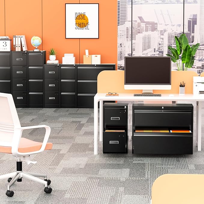 Crownland Lateral File Cabinet with 2 Drawers, 15" W Metal Lockable Office File Cabinets for Home Office- Stores Letter/Legal/A4/F4 Files(Black)