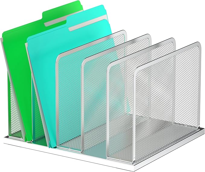 Kuntine.B Desk File Organizer Upright Mesh Desktop Organizer File Sorter Office Organization File Holder for Home, Office & Classroom (Silver, 1 Pack 5-Section)