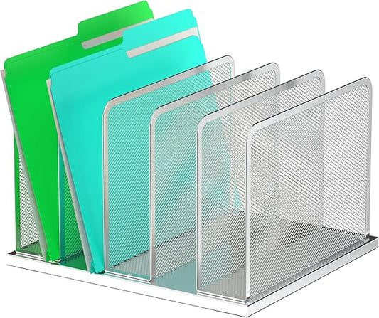 Kuntine.B Desk File Organizer Upright Mesh Desktop Organizer File Sorter Office Organization File Holder for Home, Office & Classroom (Silver, 1 Pack 5-Section)