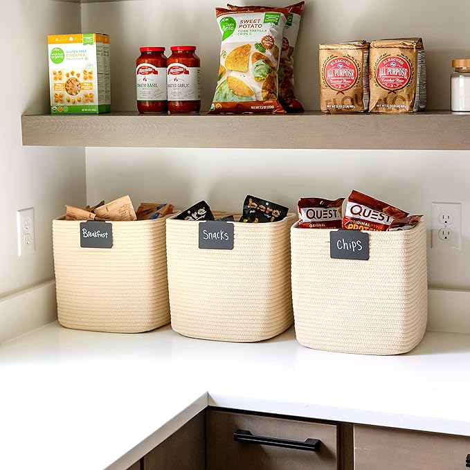 NaturalCozy Storage Cubes 11 Inch Cotton Rope Woven Baskets for Organizing, 3-Pack | Cube Storage Bin | Square Storage Baskets for Shelves Organizer, Classroom, Kids Toy Bins, Closet, Baby Nursery