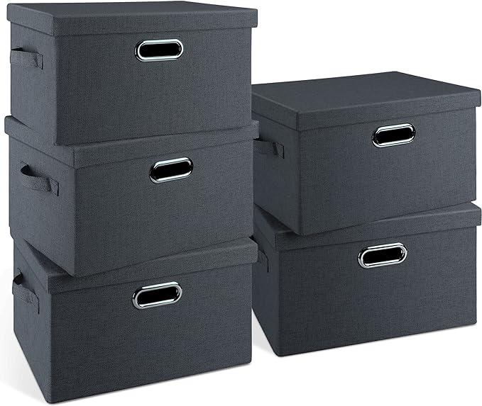 Medium 15" 21 Quart Collapsible Stackable Storage Bins with Lids, 5 Packs Dark Gray Foldable Fabric Closet Storage Boxes with Lids, Lidded Heavy-duty Linen Baskets(15x11x8)