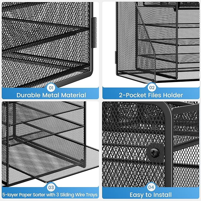Lavatino Desk Organizer, 5-Tier Metal Mesh Paper Letter Tray with 1 File Holders & 7 Flexible Dividers for Office or Home Desk Organizers and Accessories, Keep Workspace Supplies Neat, Black