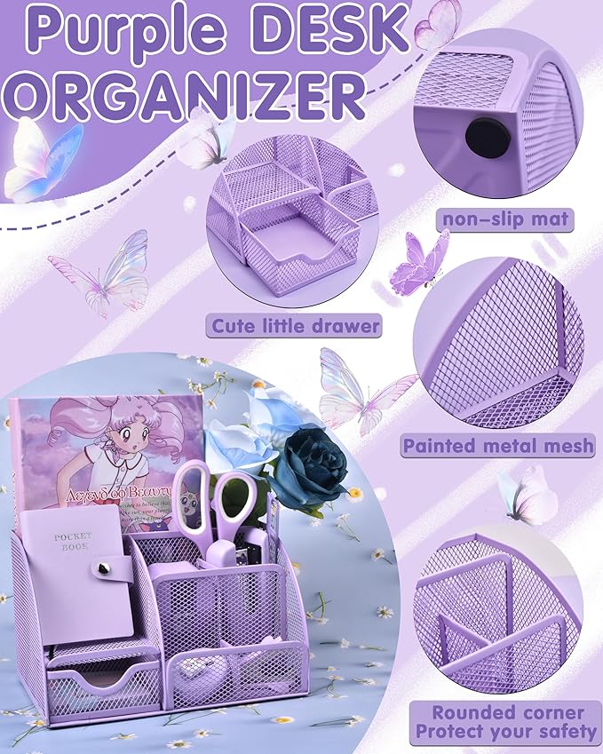 Purple Desk Accessories, 26Pcs Office Supplies and Desk Organizers, with Tape Dispenser, Stapler, Staple Remover Ect, Christmas Gifts