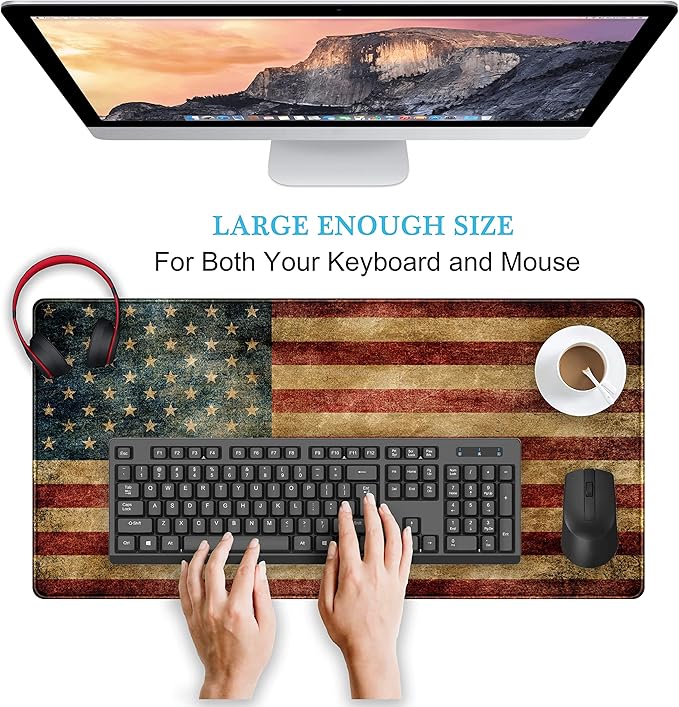 Desk Mat, Extended Gaming Mouse Pad, Large Keyboard Mouse Mat XXL, American Flag Full Desktop Mousepad with Stitched Edges & Non Slip Rubber Base Mice Pad for Office and Home 31.5"x15.75"