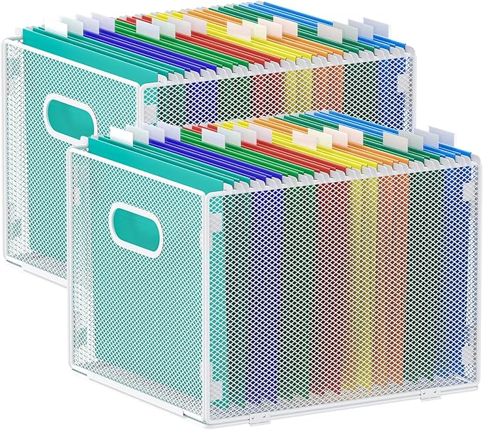 samstar 2 Pack Hanging File Organizer, Mesh File Folder Box Filing Box Cabinet Organizer Storage Boxes, Letter Size,White