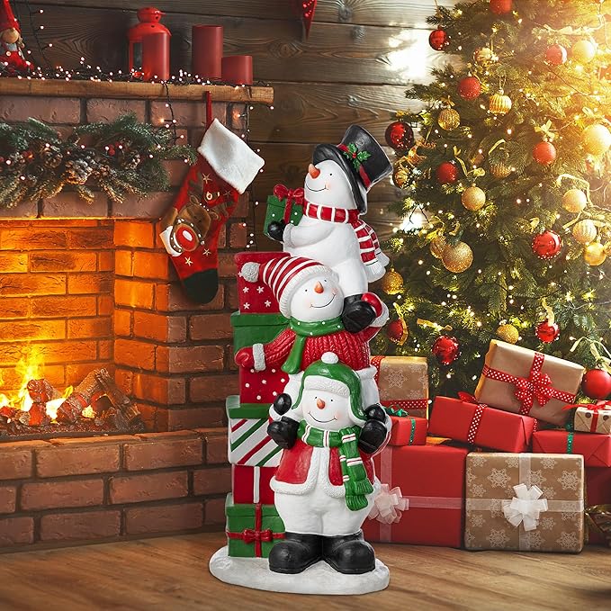 Glitzhome Christmas Front Porch Decor, Resin Stacked Snowman Xmas Porch Sign Decoration for Indoor Outdoor Patio Standing Decor, 35.25" H