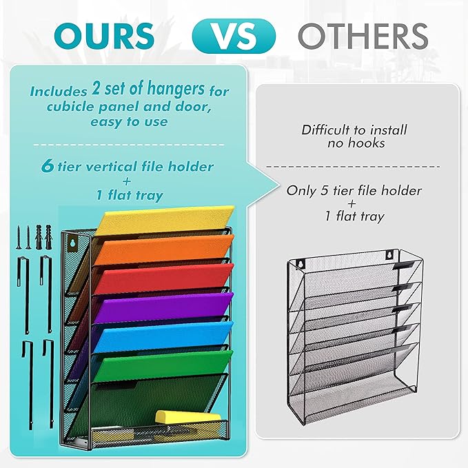 7-Tier Wall Hanging File Organizer Cubicle Hanging Organizer Mount File Holder, Mesh Magazine Document Mail Organizer Wall Organizer for Office School Home, Black