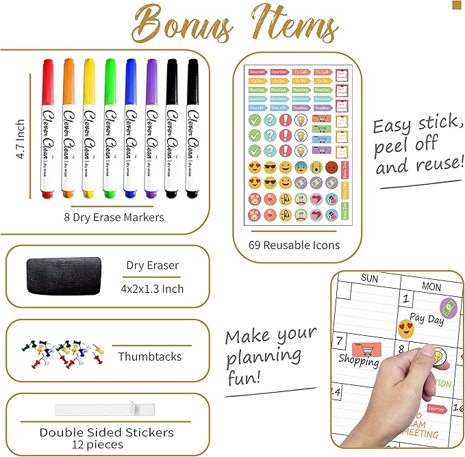 CLEVER CLEAN Large Dry Erase Wall Calendar - 36"x96" 12-month 2025 Undated Yearly Calendar for Home, Office, School Projects - Jumbo Reusable Laminated Task Organizer