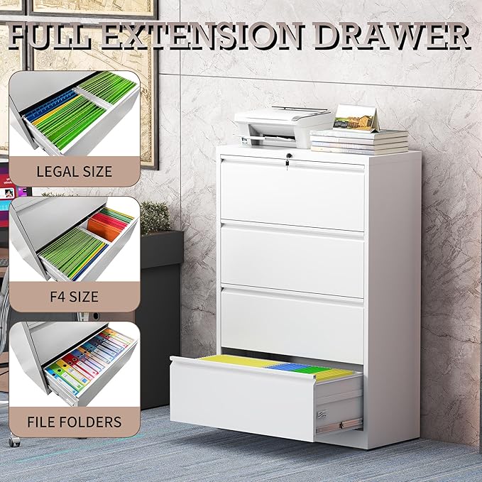 4 Drawer Lateral File Cabinet with Lock, Metal File Cabinet, Lateral File Cabinets for Home Office, Heavy Duty File Storage Cabinet for Legal/Letter/A4 Document, Assembly Required, White
