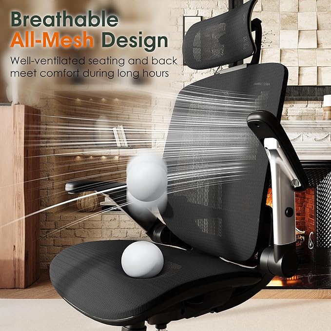 GABRYLLY Ergonomic Office Chair, High Back Home Desk Chair with Headrest, Flip-Up Arms, 90-120° Tilt Lock and Wide Cushion, Big and Tall Mesh Chairs for Man Woman, Black Task Chair