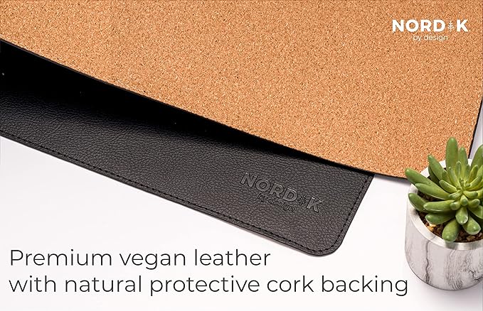Nordik Cork Leather Desk Mat Cable Organizer (Pebble Black 35 X 17 inch) Premium Extended Mouse Mat for Home Office Accessories - Non-Slip Vegan Leather Desk Pad Protector & Desk Blotter Pad