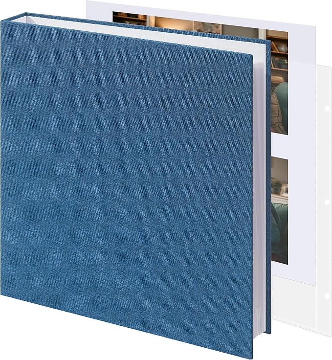 Vienrose Scrapbook 8.5x11 Inch Large 3 Ring Binder Photo Album, Linen Cover DIY Scrap Book with 30 Sheets Plastic Sleeves 60 Pages Blank White Inner Pages for Wedding Birthday Baby Travel Blue
