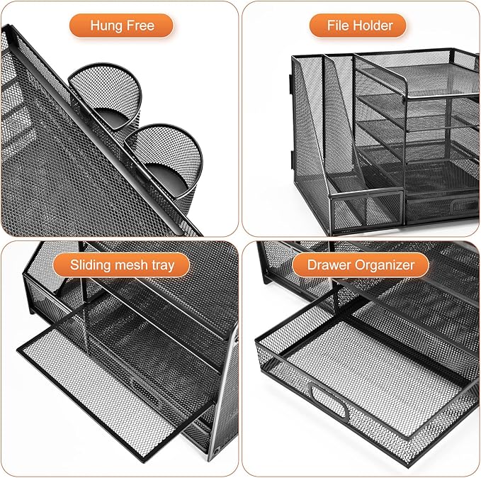 Marbrasse Desk Organizer with File Holder, 5-Tier Paper Letter Tray Organizer with Drawer and 2 Pen Holder, Mesh Desktop Organizer and Storage with Magazine Holder for Office Supplies(Black)