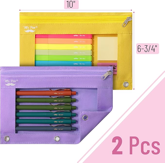 Mr. Pen- Pencil Pouch for 3 Ring Binder, 2 Pack, Yellow and Purple, 3 Ring Binder Pencil Pouch
