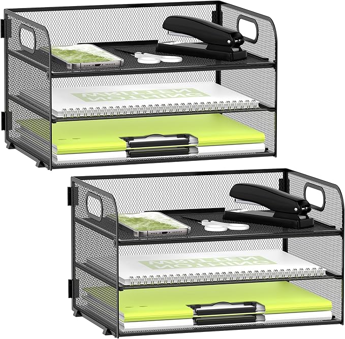 Daltrack 3-Tier Mesh Desk Organizer with Handle - Paper Tray Organizer for A4 Files, Black 2 Pack