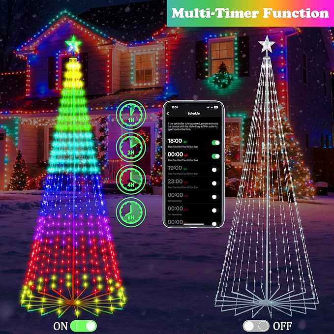 10FT Lighted Outdoor Christmas Tree, 514 LED Smart Cone Tree, Music Sync RGB Fairy Lights, LED Light Show, APP and Remote Control, Timer Function, Perfect for Outdoor Christmas Decorations