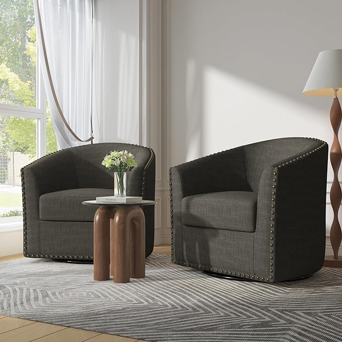 UIXE 360° Swivel Barrel Accent Chair Set of 2, Modern Upholstered Arm Chair Round Club Armchair, Nailhead Trim Single Sofa Seating in Fabric for Living Room - Gray