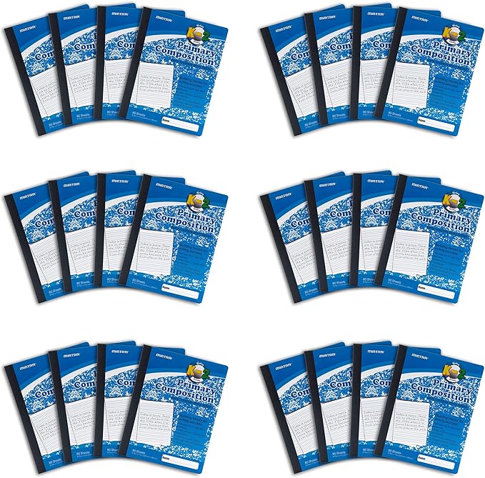 Mintra Primary Composition Notebook, 24 units 6-4 Pack, Blue Cover, 80 Sheets, 7.5in x 9.75in, Full Sheet, Ruled with Drawing Area, Flexible Hardcover Journal, Grades K-2, School & Home Use