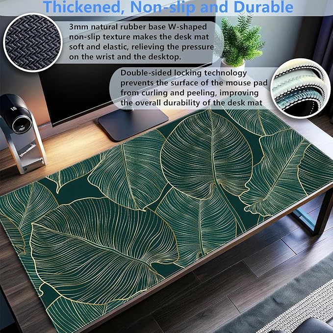 Green Desk Mat Monstera Palm Leaf Mouse Pad Large Gaming Mouse Pad XL Full Desk Mousepad Extended Keyboard Mat Big Long Mouse Mat Computer Laptop Desktop Mat Pad Desk Decor 31.5''X15.7''