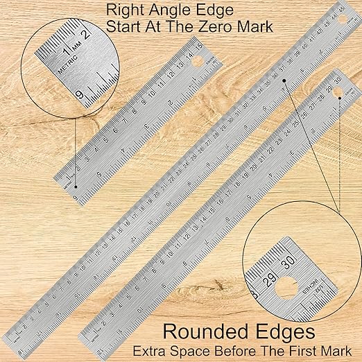 Metal Ruler with Cork Backing: 6+12 Inch Stainless Steel Non-Slip Ruler with Inch and Centimeters