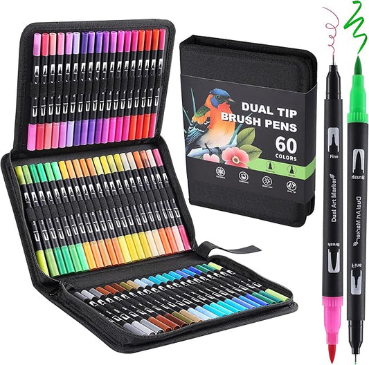 nauets 60 Colors Brush & Fine Dual Tip Watercolor Markers Set for Kids Adults Coloring Books No Bleeding Paint Pens For Drawing Note taking Planner Calligraphy Journaling Card Making Art Supplies