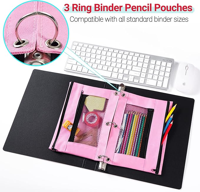 CHEPULA 14 Pack 3 Rings Binder Pencil Pouch, 2 Layer Pencil Case with Zipper and Mesh Window, Wear-resistant Oxford Fabric, Small Cosmetic Bag Pen Case for Home Office
