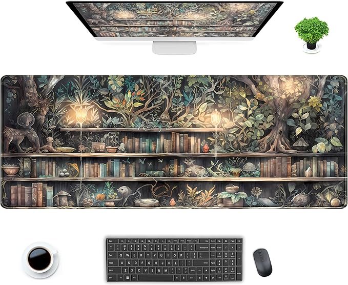 Kawaii Green Tree Desk Mat Cute Mouse Pad Anime Forest Library Book Mousepad XL Large Extended Gaming Desk Matt for Desktop, Keyboard and Mouse Mat for Women Office Decor Accessories 31.5x11.8 in