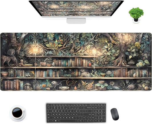 Kawaii Green Tree Desk Mat Cute Mouse Pad Anime Forest Library Book Mousepad XL Large Extended Gaming Desk Matt for Desktop, Keyboard and Mouse Mat for Women Office Decor Accessories 31.5x11.8 in