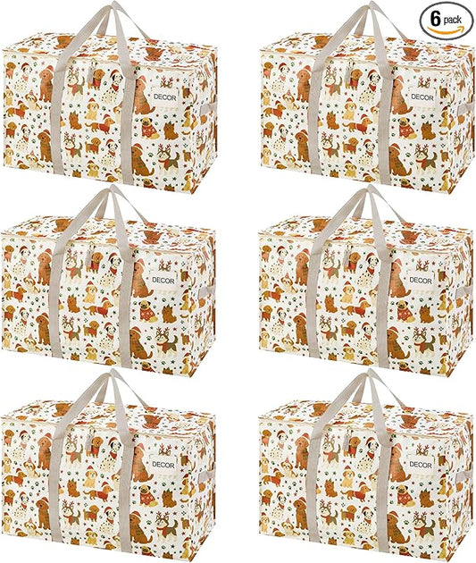 VENO 6 Pack Moving Bags and Large Christmas Storage Bins with lids. Alternative to Moving Boxes, Packing Supplies for College. Extra Large Heavy Duty Totes for Packaging (Holiday Pups, 6 Pack)