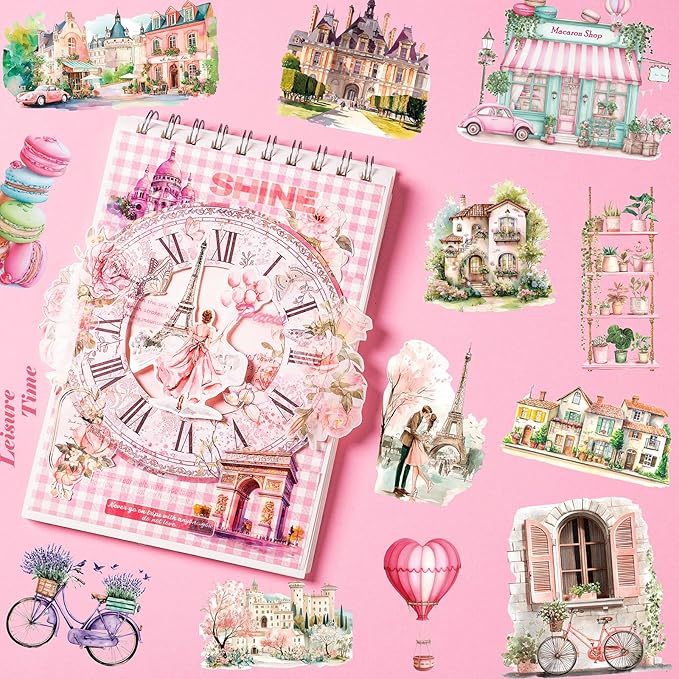 Paris Journaling Sticker Set, 18 Sheets PET Junk Journal Stickers, Pink French Theme Scrapbook Supplies, Transparent Watercolor Scrapbooking Materials, People Women Arts Craft