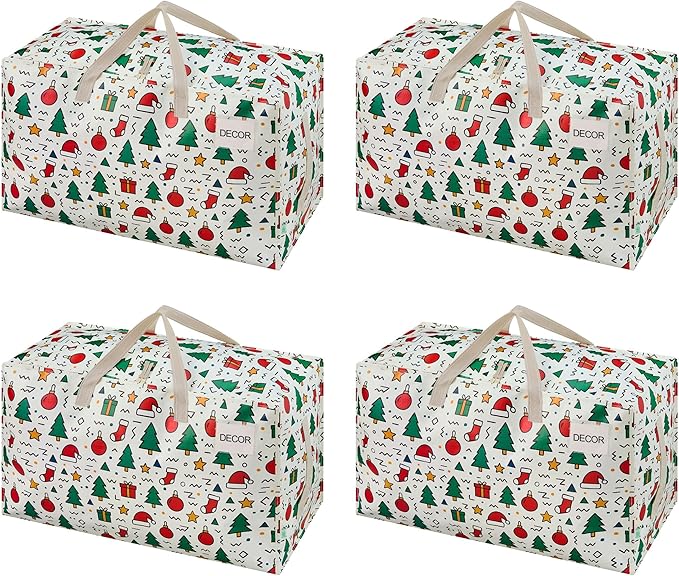 VENO 4 Pack Moving Bags and Large Christmas Decoration Storage Bins with lids. Alternative to Moving Boxes, Packing Supplies for College. Heavy Duty Totes (Jingle Mix, 4 Pack)