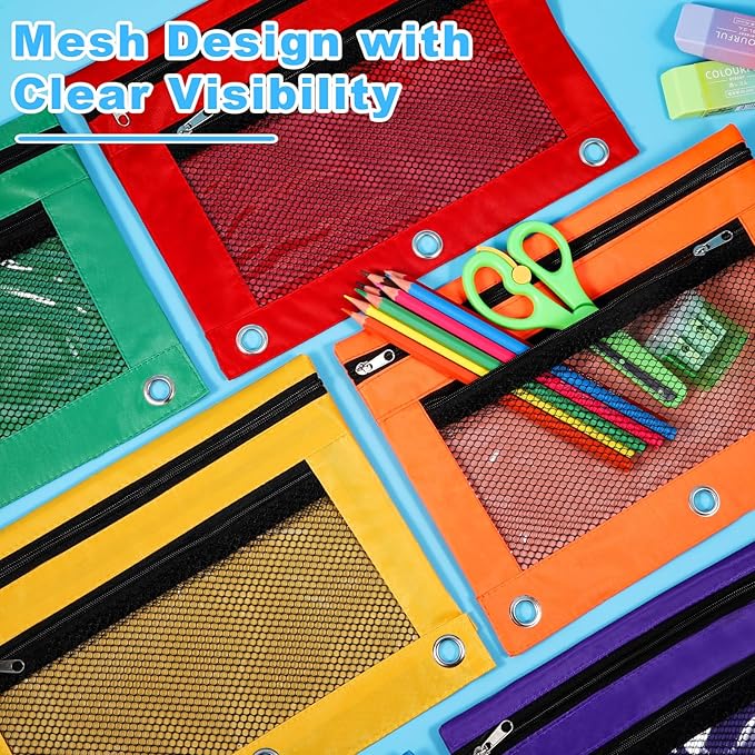 60PCS Pencil Pouches for 3 Ring Binder, 10x7.5 Inch Zippered Binder Pouch, Double Layer Clear PVC and Mesh Pencil Bags with Zipper for School Supplies Organization, Classroom, Travel and Home Storage