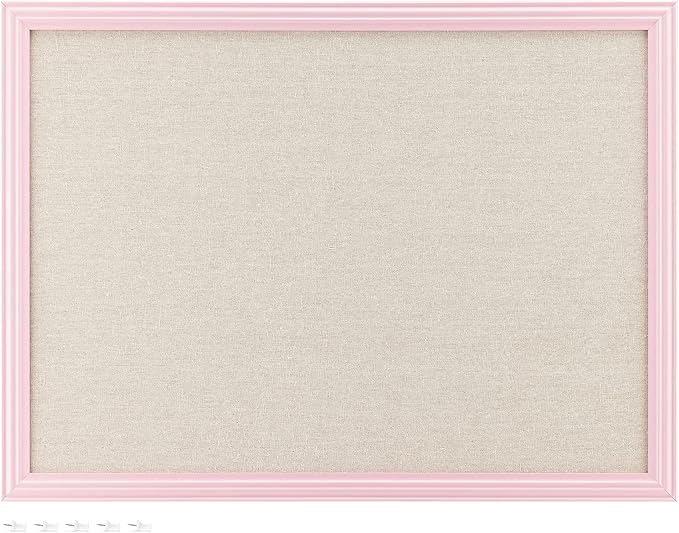Navaris Framed Linen Bulletin Board - 17 x 23 inches Fabric Jewelry Organizer Pinboard for Wall Memory Memo Pin Board - Natural Linen with Pink Frame