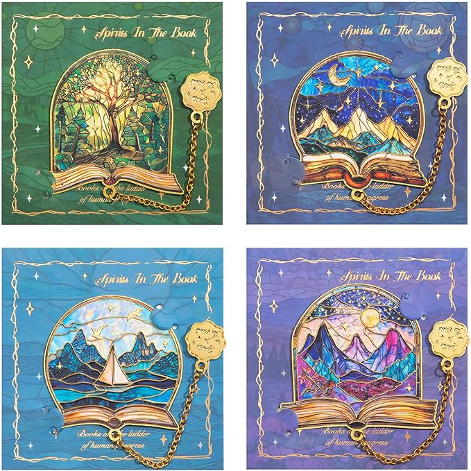 4pcs Metal Bookmarks with Chain, Inspirational Book Marks Set Featuring Books, Mountains, Stars, Forest & River - Perfect Book Markers Gift for Book Lovers, Readers, Kids, Teens, Men, Women, Adults