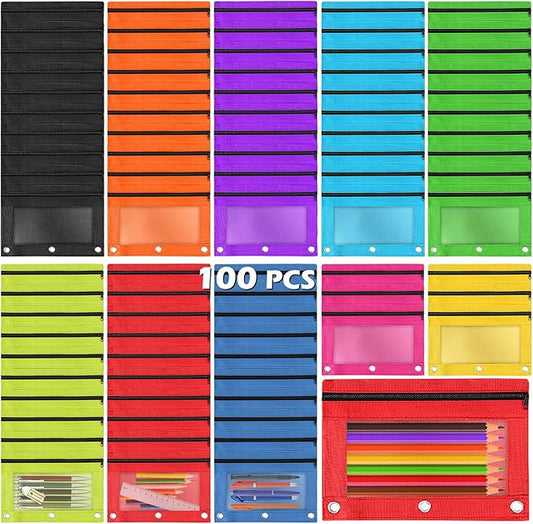Pencil Pouch for 3 Ring Binder, 100 Piece Bulk 3 Holes Zipper Pencil Pouches in 10 Assorted Colors, Clear Durable Pencil Case for School, Classroom, Office Supplies