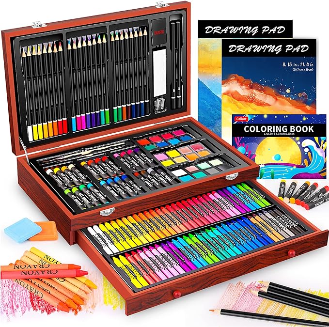 Caliart Art Supplies, 153-Pack Deluxe Art Set in Wooden Case, Crafts Drawing Painting Kits with 2 A4 Sketch Pads, Coloring Book, Christmas Birthday Gifts for Teens Girls Boys Kids Adults Artists