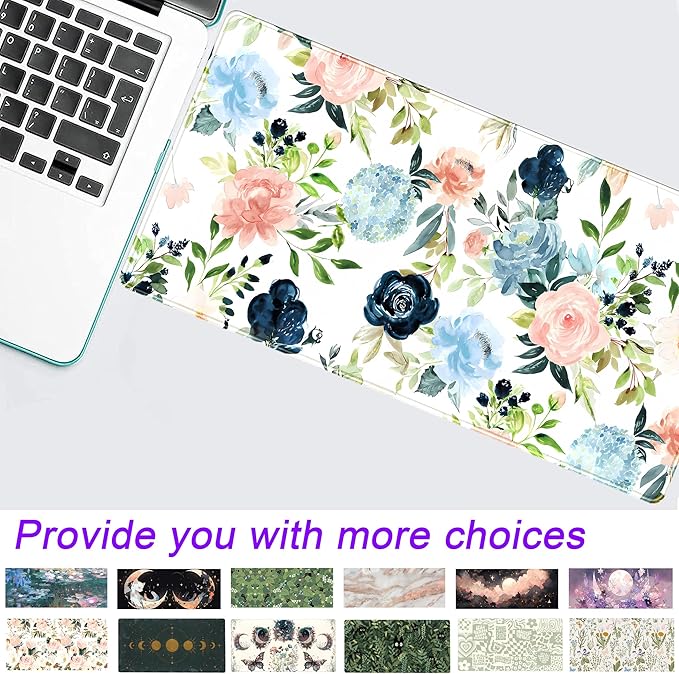 Pink Blue Floral Desk Mat Mousepad Cute Flowers Mouse Pad Gaming XL Large Extended Desk Pad Desk Matt for Desktop, Computer Laptop Keyboard Mouse Mat for Women Office Decor Accessories 31.5x15.7 in