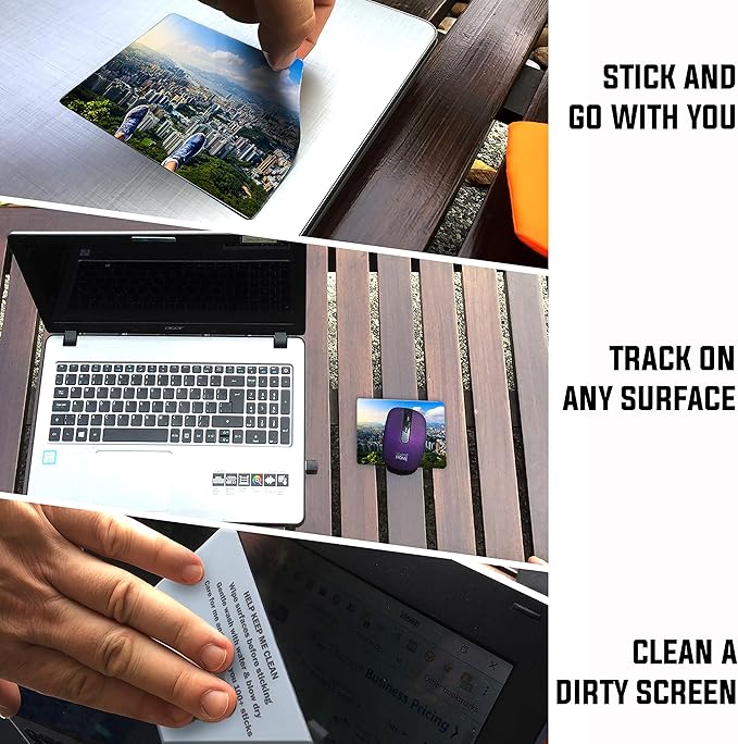 Mouse Pad Travel Size with Adhesive Bottom, Mini Mouse Pad Sticks to Any Surface, Plus Webcam or Camera Privacy Tab Covers and Screen Cleaner (View Point City)