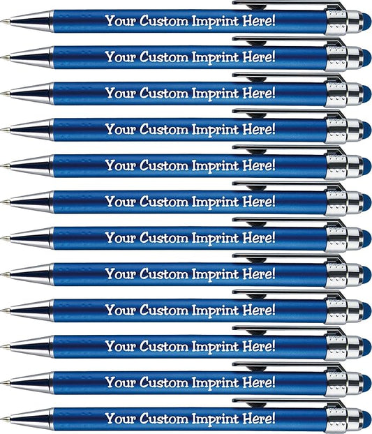 Personalized Pens with Stylus Tip -Bright Vibes- Click action - Custom - Black writing - Printed Name pens - Imprinted with Your Logo or Message - FREE PERSONALIZATION - 12 Pens/Box (Blue)