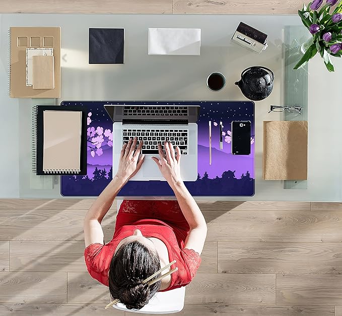 Purple Desk Mat Japanese Desk Pad Cute Fuji Mountain Gaming Mousepad Large, Cherry Blossom Mouse Pad XXL Desk Mats, Kawaii Anime Deskmats Desktop Protector Laptop Keyboard Mat Pad 31.5x15.75 in