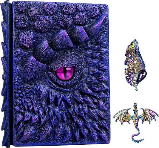 3D Dragon Eye Embossed Journal,Resin Engraving Notebook,Dnd notebook for Dragon Lovers ，Blank Paper,Hardcover Travel Notepad for Writing,Sketchbook,Collection,Gift,Decoration A4 and A5 Size (A5-Dark Purple-two brooches)